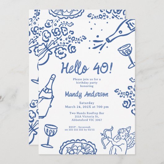 Whimsical Blue Hand getekend 40ste verjaardagsfees Kaart (Voorkant / Achterkant)