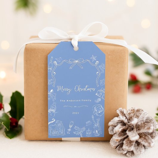 Whimsical Blue Hand getrokken feestelijke kerst Cadeaulabel
