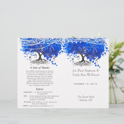 Whimsical Blue Heart Leaf Tree Wedding Programme (Staand voorkant)