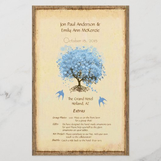 Whimsical Blue Heart Leaf Tree Wedding Programme (Voorkant)