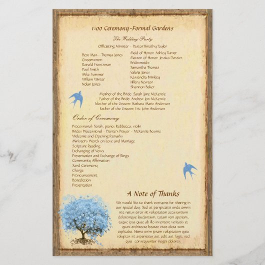 Whimsical Blue Heart Leaf Tree Wedding Programme (Achterkant)
