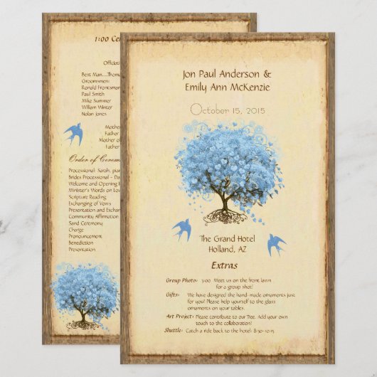 Whimsical Blue Heart Leaf Tree Wedding Programme (Voorkant / Achterkant)