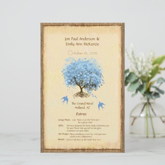 Whimsical Blue Heart Leaf Tree Wedding Programme (Staand voorkant)
