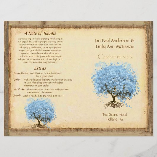 Whimsical Blue Heart Leaf Tree Wedding Programme (Voorkant)