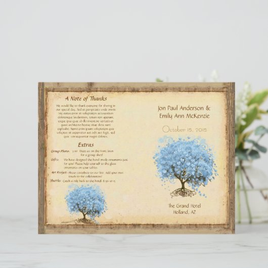 Whimsical Blue Heart Leaf Tree Wedding Programme (Staand voorkant)