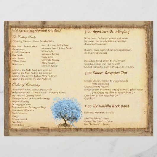 Whimsical Blue Heart Leaf Tree Wedding Programme (Achterkant)
