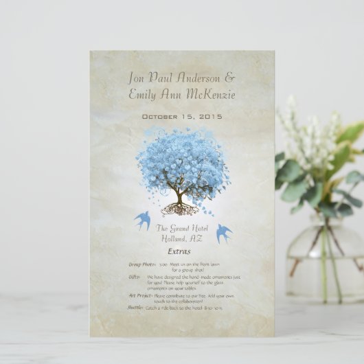 Whimsical Blue Heart Leaf Tree Wedding Programme (Staand voorkant)