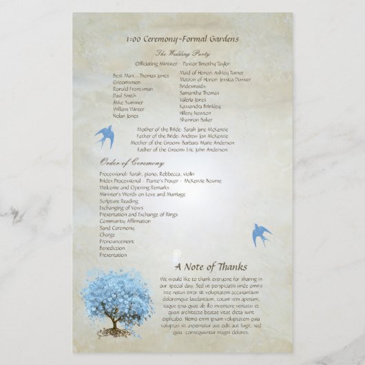 Whimsical Blue Heart Leaf Tree Wedding Programme (Achterkant)