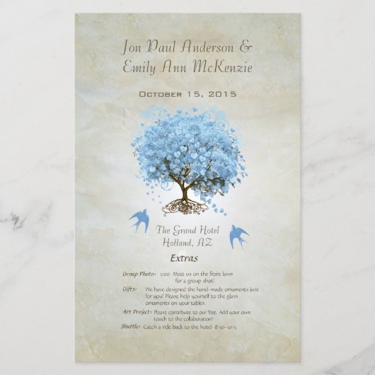 Whimsical Blue Heart Leaf Tree Wedding Programme (Voorkant)