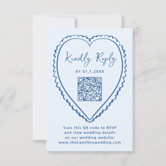 Whimsical Blue Heart QR Code Wedding RSVP Kaartje (Voorkant)