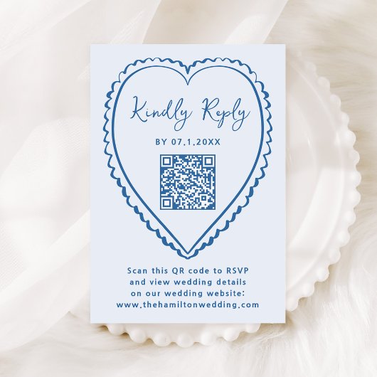 Whimsical Blue Heart QR Code Wedding RSVP Kaartje
