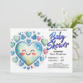Whimsical Blue Hearts Waterverf Boy Baby shower Kaart (Staand voorkant)