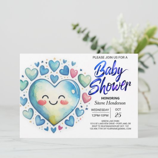 Whimsical Blue Hearts Waterverf Boy Baby shower Kaart (Staand voorkant)