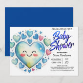 Whimsical Blue Hearts Waterverf Boy Baby shower Kaart (Voorkant / Achterkant)