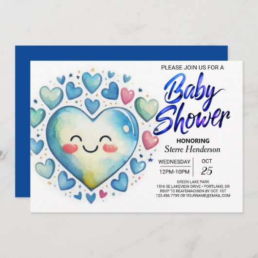 Whimsical Blue Hearts Waterverf Boy Baby shower Kaart (Voorkant / Achterkant)