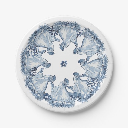 Whimsical Blue Hen Chicken, Nest Waterverf Delft Papieren Bordje (Voorkant)