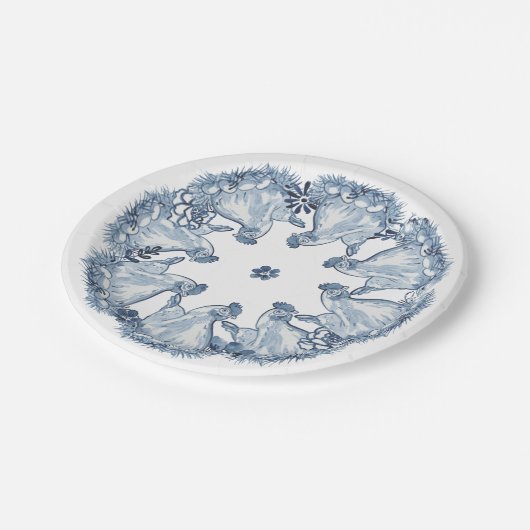 Whimsical Blue Hen Chicken, Nest Waterverf Delft Papieren Bordje (Gekanteld)