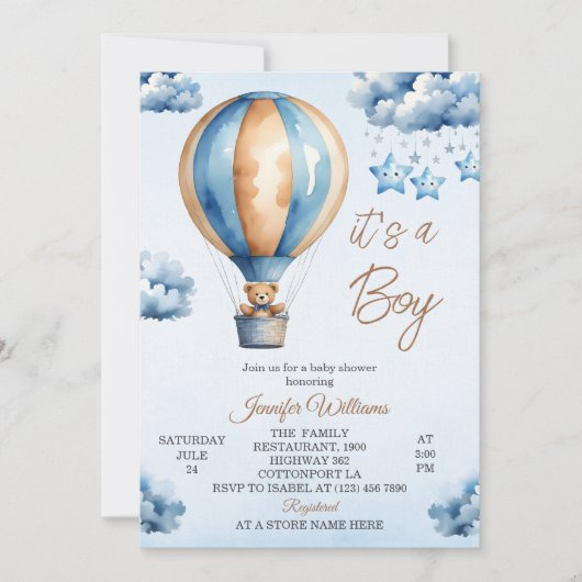 Whimsical Blue Hete Luchtballon Baby Boy Douche Kaart (Voorkant)