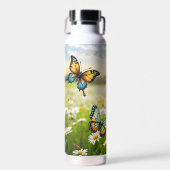 Whimsical Blue Orange Butterflies in Daisy Meadow Waterfles (Voorkant)