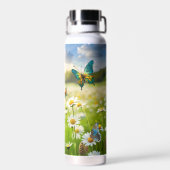 Whimsical Blue Orange Butterflies in Daisy Meadow Waterfles (Achterkant)