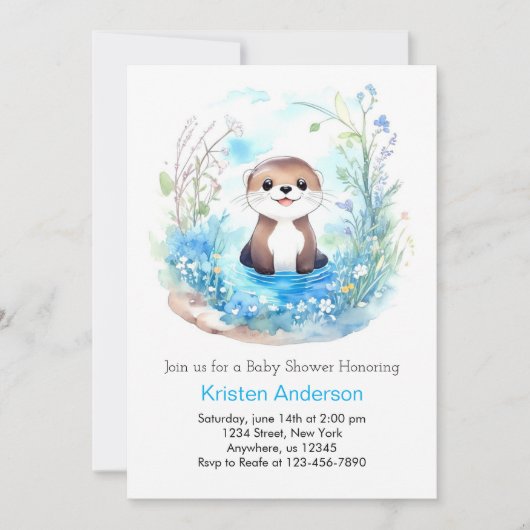 Whimsical Blue Otter Wildflower Boy Baby shower Kaart (Voorkant)