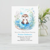 Whimsical Blue Otter Wildflower Boy Baby shower Kaart (Staand voorkant)