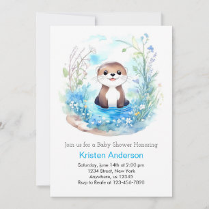 Whimsical Blue Otter Wildflower Boy Baby shower Kaart