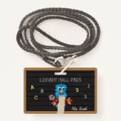 Whimsical Blue Owl Horizontal Hall Pass Badge (Voorkant met draagriem)