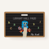 Whimsical Blue Owl Horizontal Hall Pass Badge (Voorkant)