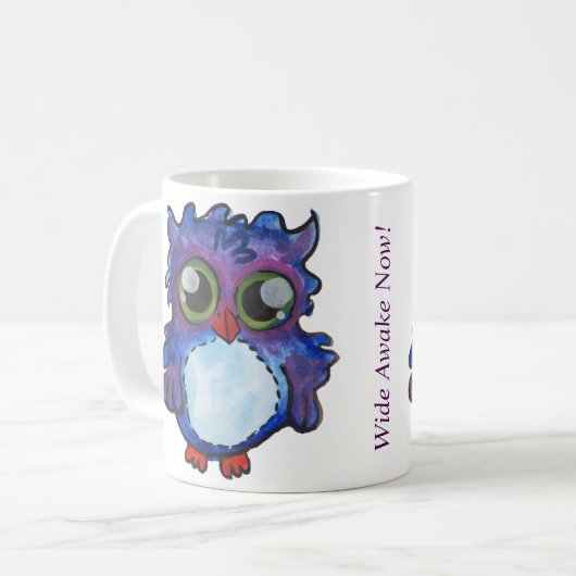 Whimsical Blue Owl Mok - Wide Awake Now! (Voorkant links)