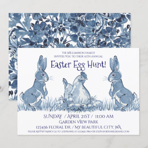 Whimsical Blue Paaster Bunny Hen Chicken Egg Hunt Kaart
