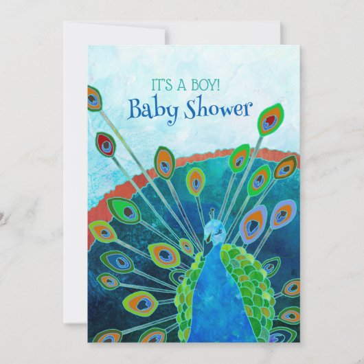 Whimsical Blue Peacock Baby Boy Shower Kaart (Voorkant)