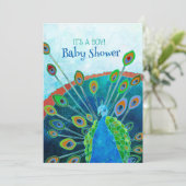 Whimsical Blue Peacock Baby Boy Shower Kaart (Staand voorkant)