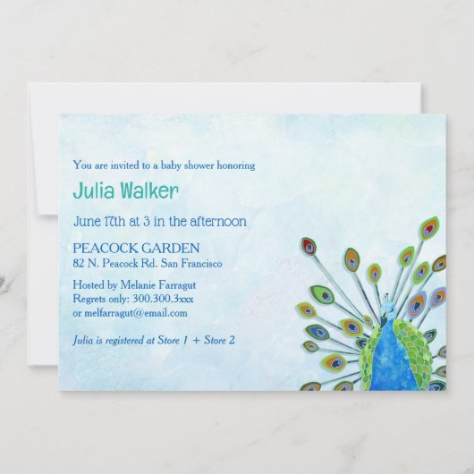 Whimsical Blue Peacock Baby Boy Shower Kaart (Achterkant)