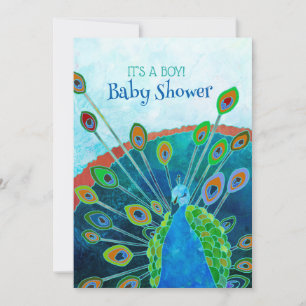 Whimsical Blue Peacock Baby Boy Shower Kaart