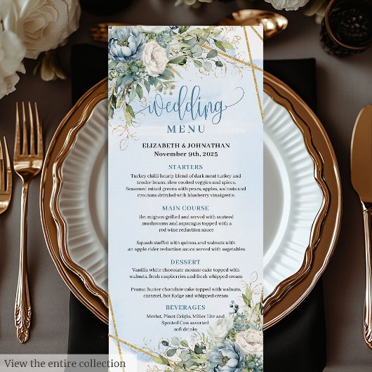 Whimsical Blue Peonies Gold Frame Dinner Menu