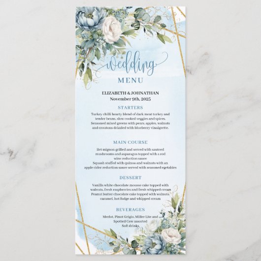 Whimsical Blue Peonies Gold Frame Dinner Menu (Voorkant)