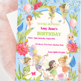 Whimsical Blue & Pink Fairy Verjaardag Uitnodiging