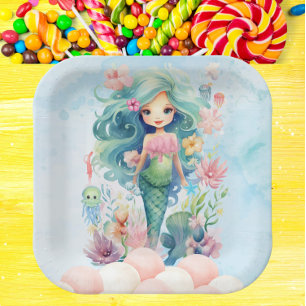 Whimsical Blue & Pink Zeemeermin Verjaardagspapier Papieren Bordje