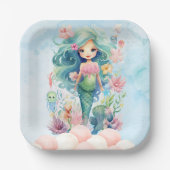 Whimsical Blue & Pink Zeemeermin Verjaardagspapier Papieren Bordje (Voorkant)