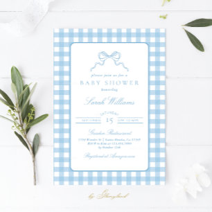 Whimsical Blue plaid Baby shower Boy Invitation Kaart