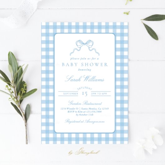 Whimsical Blue plaid Baby shower Boy Invitation Kaart