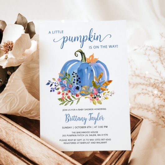 Whimsical Blue Pumpkin Baby shower Kaart