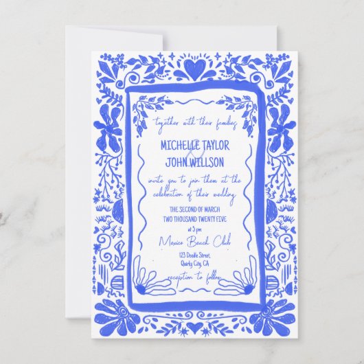 Whimsical Blue Quirky Doodle Hand getekend Kaart (Voorkant)