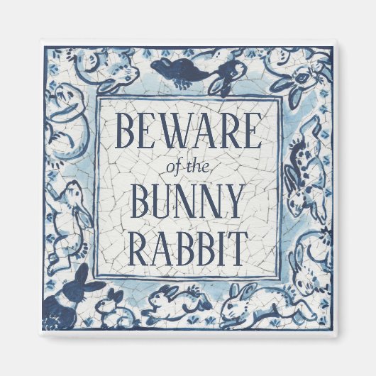 Whimsical Blue Rabbit Tegel Delft Dedham Beware Magneet (Voorkant)