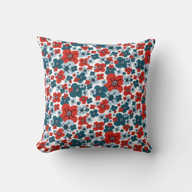 Whimsical Blue, Red and White Flower Pattern Kussen (Voorkant)