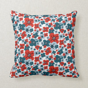 Whimsical Blue, Red and White Flower Pattern Kussen
