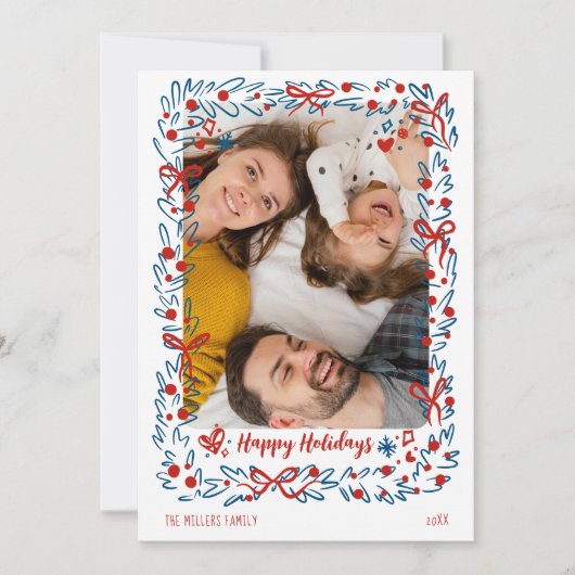Whimsical blue red Christmas Photo Card wreath Feestdagenkaart (Voorkant)