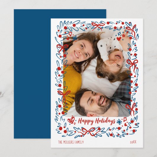 Whimsical blue red Christmas Photo Card wreath Feestdagenkaart (Voorkant / Achterkant)