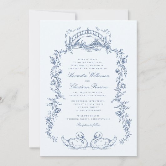 Whimsical Blue Swan Romantic Wedding Invitation Kaart (Voorkant)